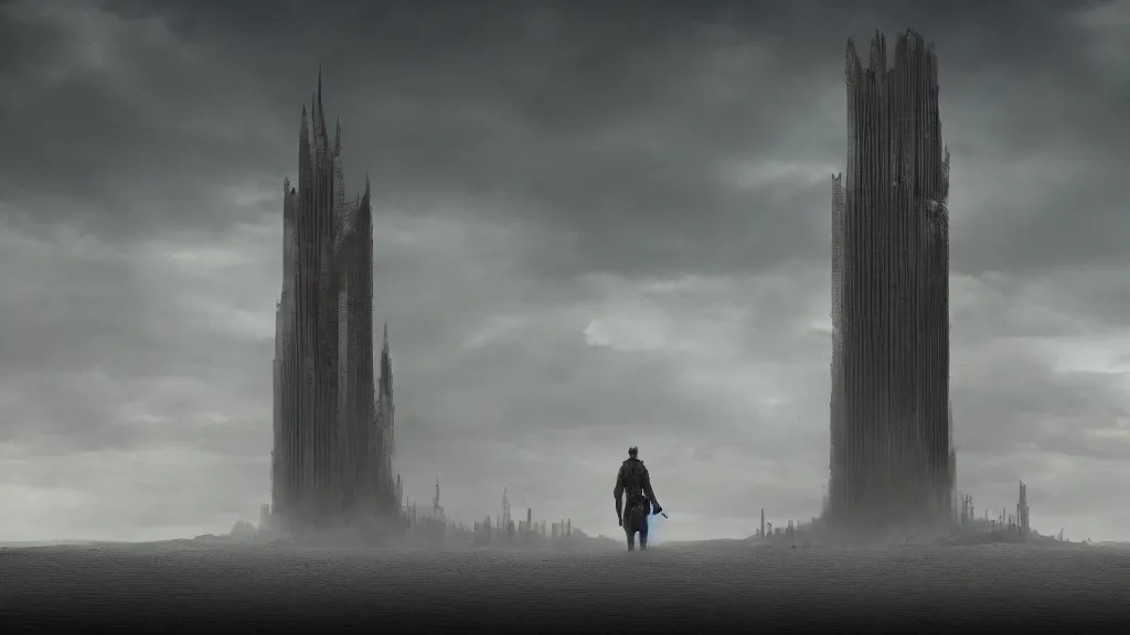 Prompt: patrick j. jones. rutkowski. the last tower. sand. lonely. ominous. my quest 3 8 4 0 x 2 1 6 0