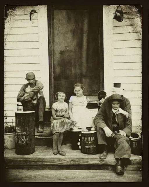 Image similar to “a black and white photograph of a successful Appalachian bootlegging family of four during prohibition, posed on the porch with a jars of moonshine, realistic, vintage, grainy film, 4k”