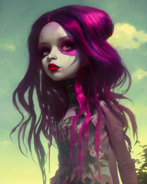 Image similar to portrait of monster high doll, stephen bliss, unreal engine, by greg rutkowski, loish, rhads, makoto shinkai and lois van baarle, ilya kuvshinov, rossdraws, global illumination, radiant light, detailed and intricate environment, pastel lighting