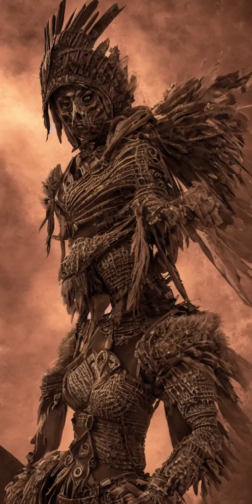 Image similar to full body of ancient shaman tribeswoman in battlerage, destroyed armor inspired by monster hunter, low shot, muscular body, symmetrical face, clean face, subtle make up, destruction around her, frozen time,dramatic lighting, cinematic, establishing shot, extremely high detail, photorealistic, 300 the movie,monster hunter the movie, dune the movie, cinematic lighting, artstation, octane render, western,old photo, vintage