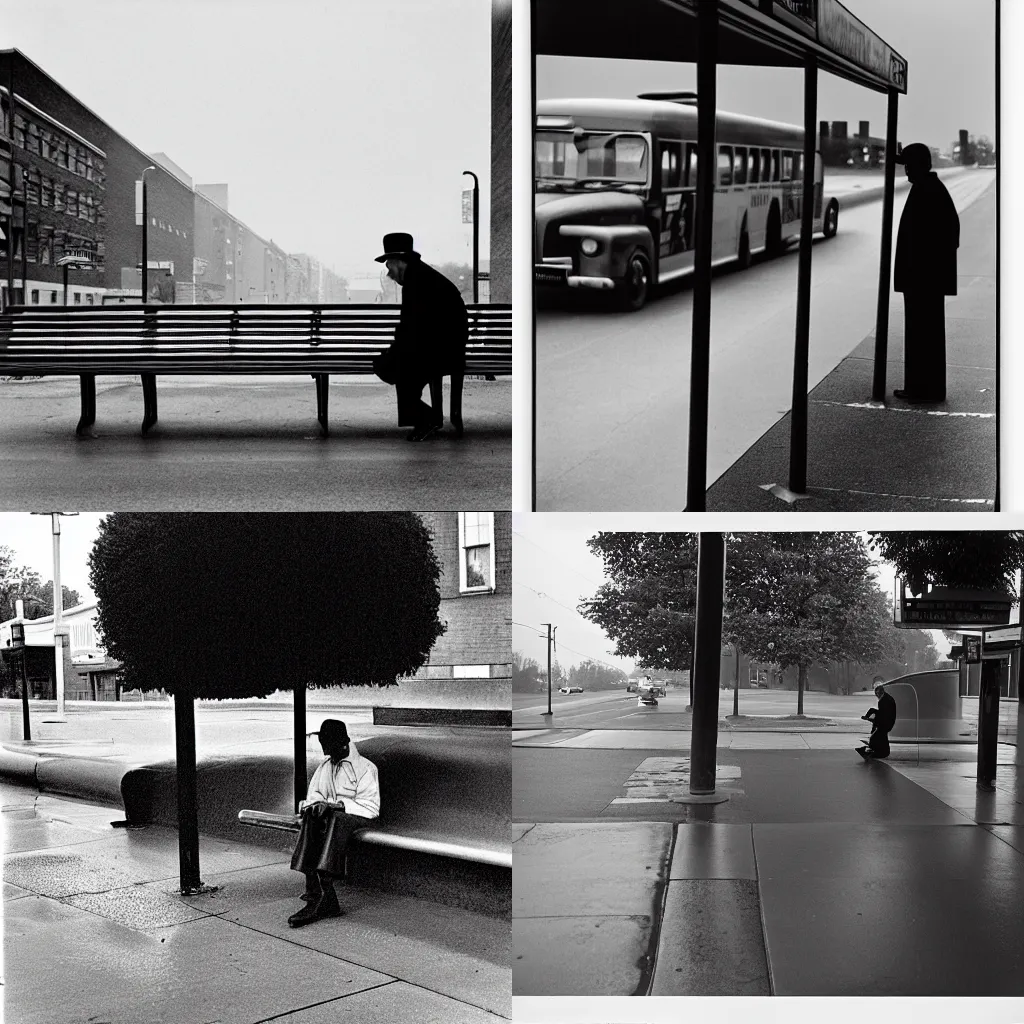 Prompt: lonely man waiting at the bus stop on moody weather, lee friedlander