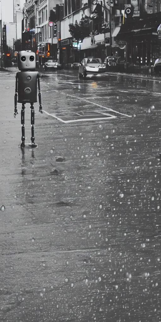 Image similar to robot on the road, city, photo, rain,