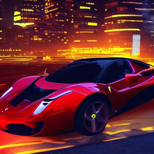 Image similar to hover car, ferrari, cyberpunk, city, night time, unreal engine