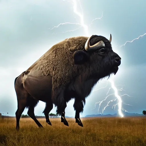 Image similar to buffalo flying with white angelic wings on its back, photograph, beautiful lightning, 4 k