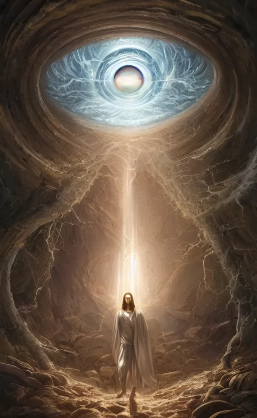 Prompt: jesus looking into a portal hopping and time warping with reckless abandon, surrounded by eyes, dramatic scene, masterpiece digital painting by Greg Rutkowski, Alex Grey, artstation, 4k wallpaper
