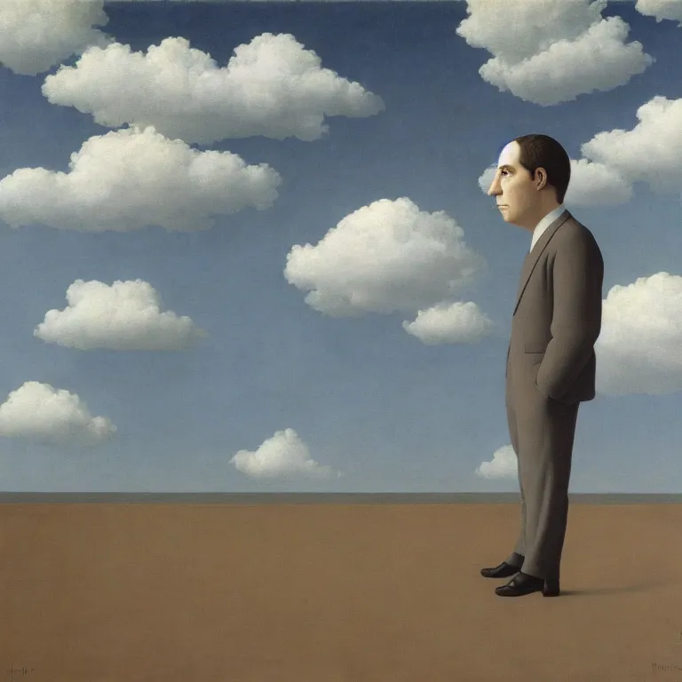 Image similar to portrait of a ghost, clouds in the background, by rene magritte, detailed painting, distance, middle centered, hd, hq, high resolution, high detail, 4 k, 8 k