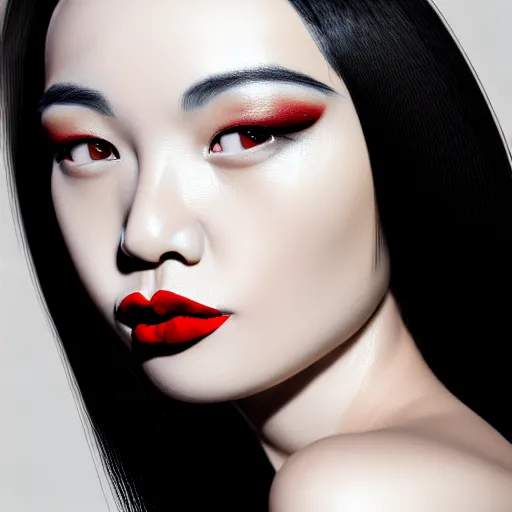 Prompt: photo of a woman with black hair and a red lipstick, a photorealistic painting by wang duo, beauty campaign, photoshoot, featured on cg society, photorealism, behance hd, ultrafine detail, high detail,