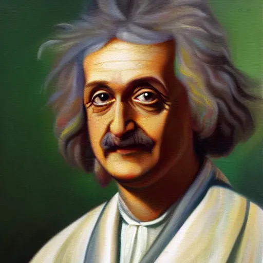 Prompt: oil painting portrait of the lovechild of Isaac Newton and Albert Einstein