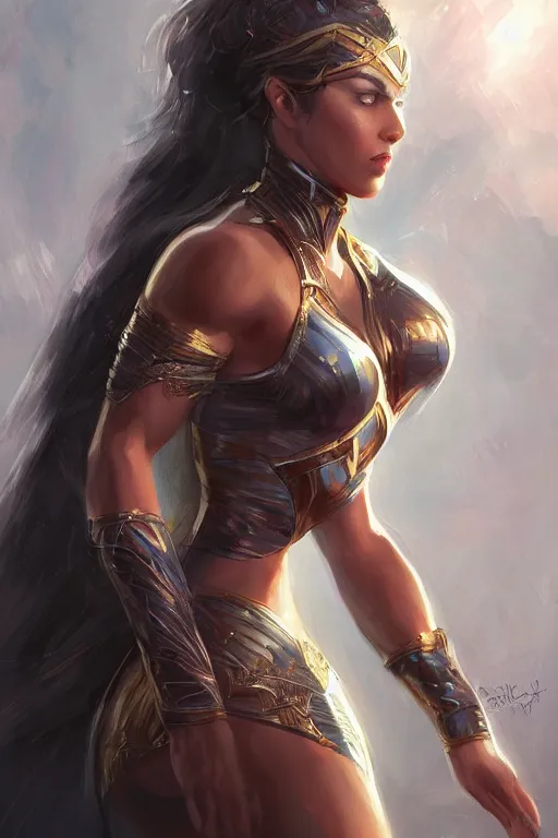 Image similar to three quarters portrait pose of a beautiful woman, strong body,super heroine costume,super powers, fantasy, intricate, elegant, highly detailed, digital painting, artstation, concept art,shining, sharp focus, illustration, art by Stanley Lau