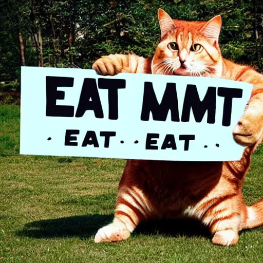 Image similar to A giant fat cat eating a colossal sign that says Eat Me.