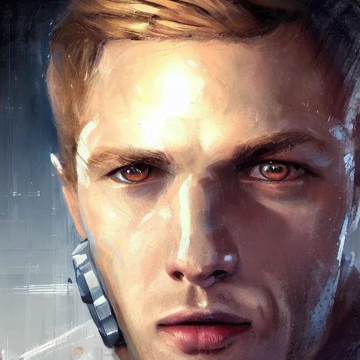 Prompt: portrait of a man with shocked expression by greg rutkowski, he is about 3 0 years old, short blond hair, athletic and strong, straight jaw, wearing futuristic space gear, highly detailed portrait, digital painting, artstation, concept art, smooth, sharp foccus ilustration, artstation hq.