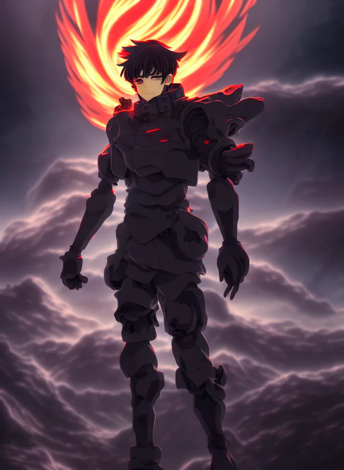 Image similar to a detailed manga illustration character full body portrait of a dark haired cyborg handsome anime man surrounded by clouds of dark smoke and fire, trending on artstation, digital art, 4 k resolution, detailed, high quality, sharp focus, hq artwork, insane detail, concept art, character concept, character illustration, full body illustration, perfect anatomy, cinematic, volumetric lighting