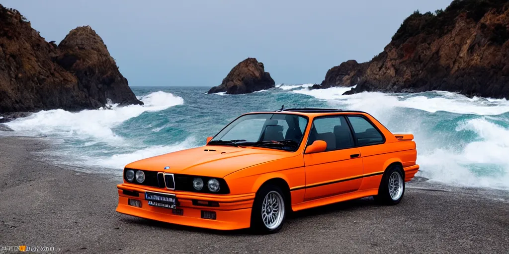 Image similar to orange bmw e30 m3 driving off a cliff into the ocean