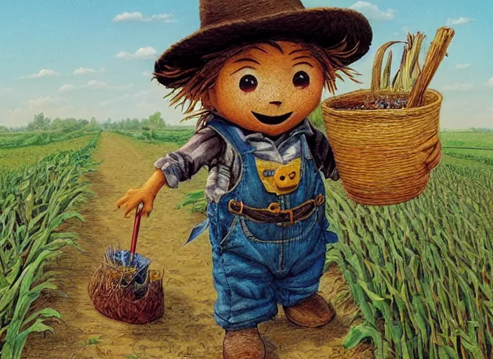 Prompt: a cute young scarecrow with a straw hat in overalls walking on a dirt road next to a large corn field, children's book by tom lovell, ross tran, terry redlin, jean baptiste monge, beatrix potter