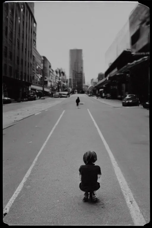 Image similar to polaroid photo of sad and lonely child in the middle of an empty street in a big city, tecnica collodio umido, photorealistic, 35mm film, lens 85mm, f2.8, black and white, polaroid, view camera.