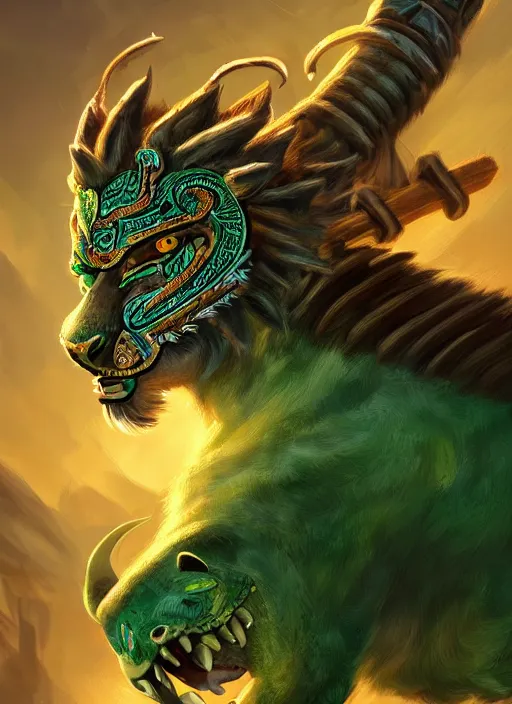 Prompt: a highly detailed illustration of fierce young aztec warrior boy wearing green jaguar mane, heroic roaring wielding aztec macuahuitl pose, muscular, intricate, elegant, highly detailed, centered, digital painting, artstation, concept art, smooth, sharp focus, league of legends concept art, wlop