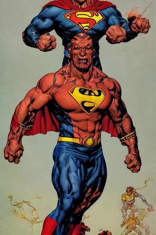 Image similar to full body and head portrait of martyn ford as superhero the thing, dynamic action, painted by norman rockwell and phil hale and greg staples and tom lovell and frank schoonover and jack kirby, single character