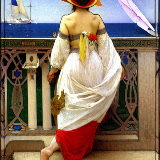 Image similar to A girl with jester hat and clothes on a greek archi circle on the front of a Balustrade with a beach and a sail boat on the background, major arcana clothes, by alphonse mucha and arnold böcklin arnold böcklin arnold böcklin, paul delaroche, hyperrealistic 8k, very detailed