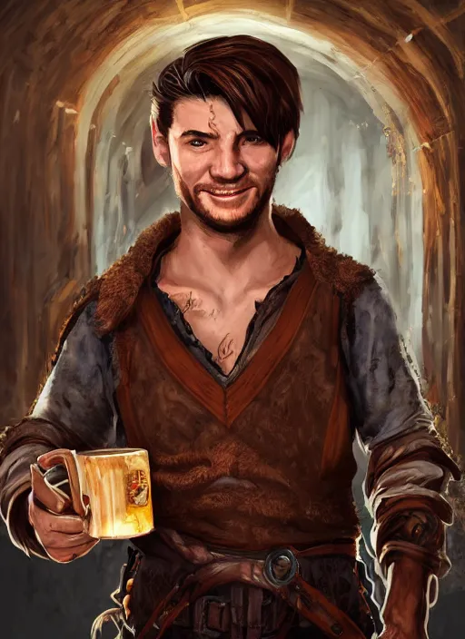 Image similar to An epic fantasy comic book style portrait painting of a handsome young man with brown wavey hair, wearing thief clothing in a tavern and smiling with a wooden tankard in hand, unreal 5, DAZ, hyperrealistic, octane render, cosplay, RPG portrait, dynamic lighting