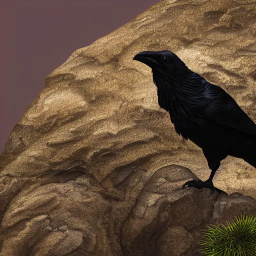 Image similar to a beautifully highly detailed close up portrait of a raven under a rock arch coves crashing waves plants at beautiful serene sunset detailed organic textures by frederic leighton and rosetti and turner and eugene von guerard, 4 k, octane render