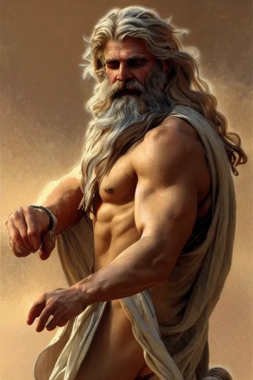 Image similar to painted portrait of rugged zeus, god of thunder, greek god, white hair, masculine, mature, handsome, upper body, flowy robe, muscular, hairy torso, fantasy, intricate, elegant, highly detailed, digital painting, artstation, concept art, smooth, sharp focus, illustration, art by gaston bussiere and alphonse mucha