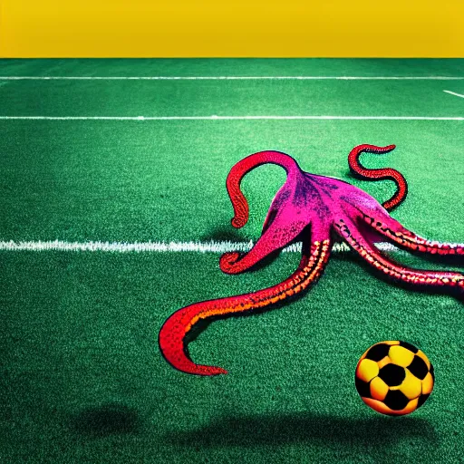 Image similar to a friendly large octopus playing soccer, on a soccer field, realistic photo, award winning photo, ultra wide shot, 3 5 mm, bokeh, blurred background, colorful lights, golden ratio