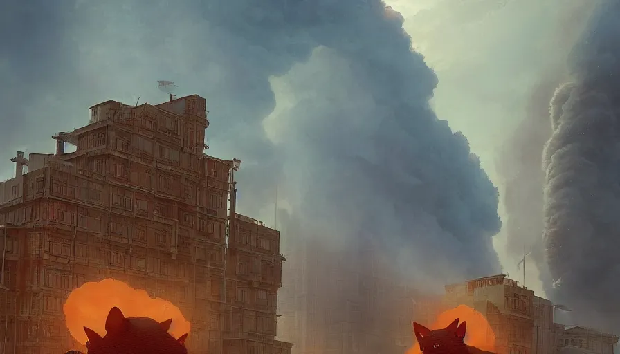 Image similar to A highly detailed matte painting of the biggest cat ever destroying a city, fire smoke and explosions, by Studio Ghibli, Makoto Shinkai, by Artgerm, by beeple, by Greg Rutkowski, volumetric lighting, octane render, 4K resolution, trending on artstation, masterpiece