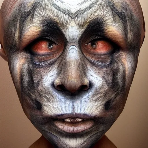 Prompt: “ the face of a skinwalker, hyperrealistic detailed ”