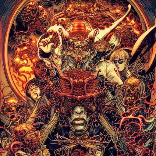 Image similar to portrait of crazy hell, symmetrical, by yoichi hatakenaka, masamune shirow, josan gonzales and dan mumford, ayami kojima, takato yamamoto, barclay shaw, karol bak, yukito kishiro