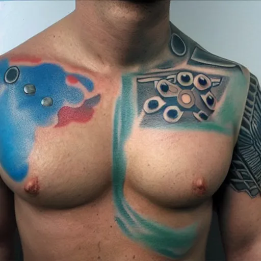 Prompt: chest tattoo of a square hole in the skin with a shiny blue metallic robot mechanic inside under the skin, insanely integrate,