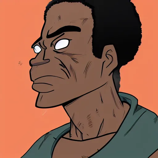 Image similar to a despondent 52 year old black man, in the style of the boondocks, highly detailed