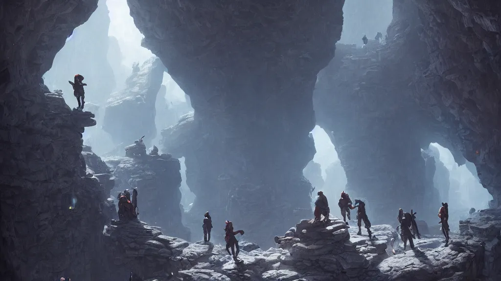 Prompt: a party of adventurers exploring a claustrophobic dark blue canyon of stone, oil painting, greg rutkowski, unreal engine, octane render, highly detailed