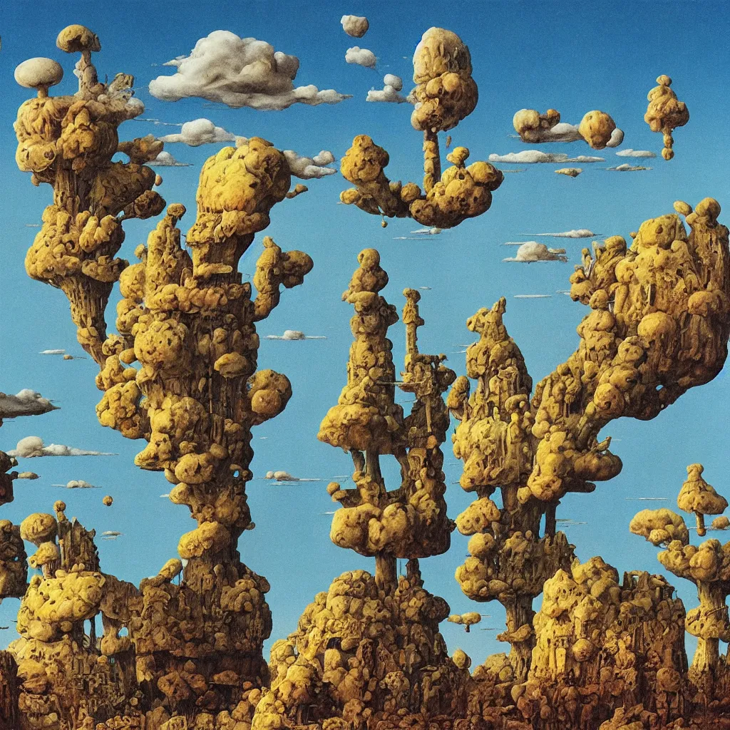 Prompt: a single! colorful!! fungus tower clear empty sky, a high contrast!! ultradetailed photorealistic painting by roger dean and giorgio de chirico, hard lighting, masterpiece