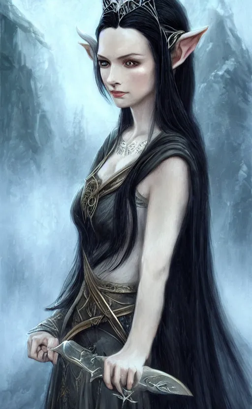 Prompt: luthien, princess of doriath, fairest maiden to have ever lived, stunningly beautiful, black hair, elven, beautiful eyes, portrait, artstation, wonderful lighning