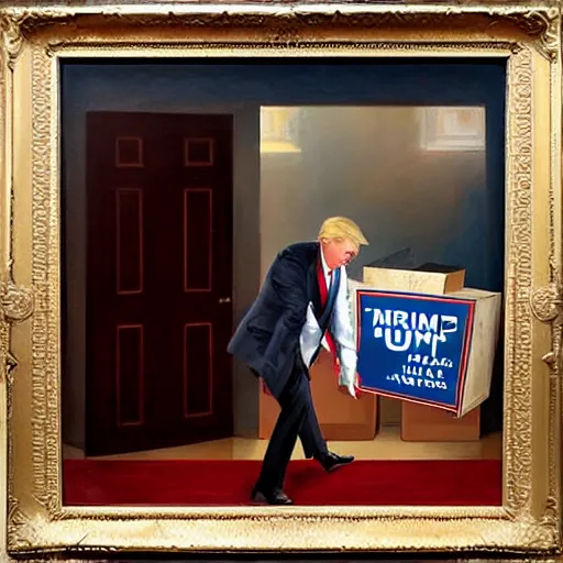 Image similar to jon mcnaughton painting of donald trump sneaking out of the white house with a box labeled top secret