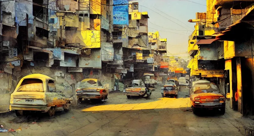 Image similar to delhi streets, artwork by salman toor, cinematic light, atmospheric effects