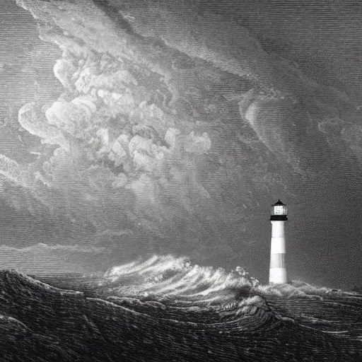Prompt: a lighthouse during a storm, etching, in the style of gustave dore