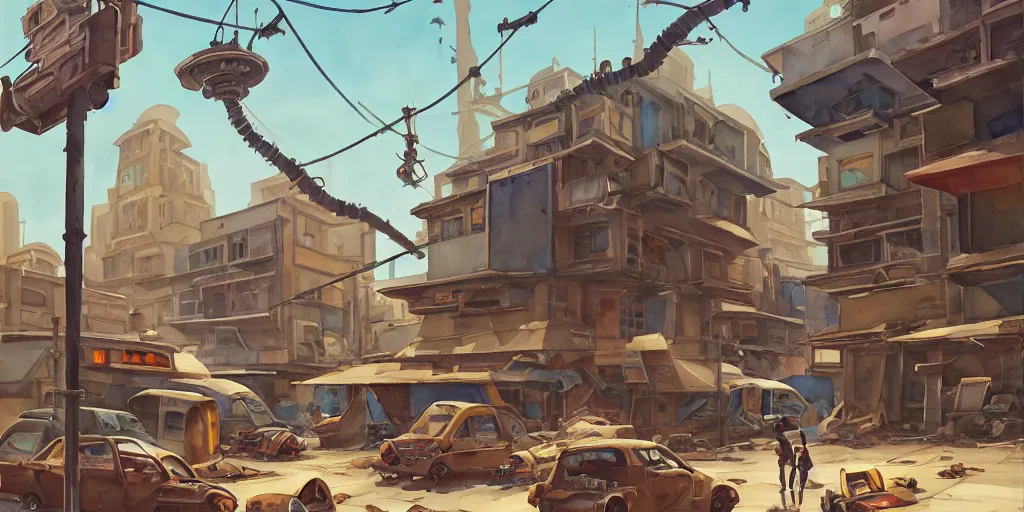 Image similar to overwatch building, stylized, exterior, architecture, in watercolor gouache detailed paintings, insanely detail, artstation, 8 k, futuristic, big medium small, arcane, simon stalenhag, food stall, interesting shapes & form, golden ratio, megastructures, desolate landscape, desert, slums, junkyard, oriental, asian, japanese alleyway