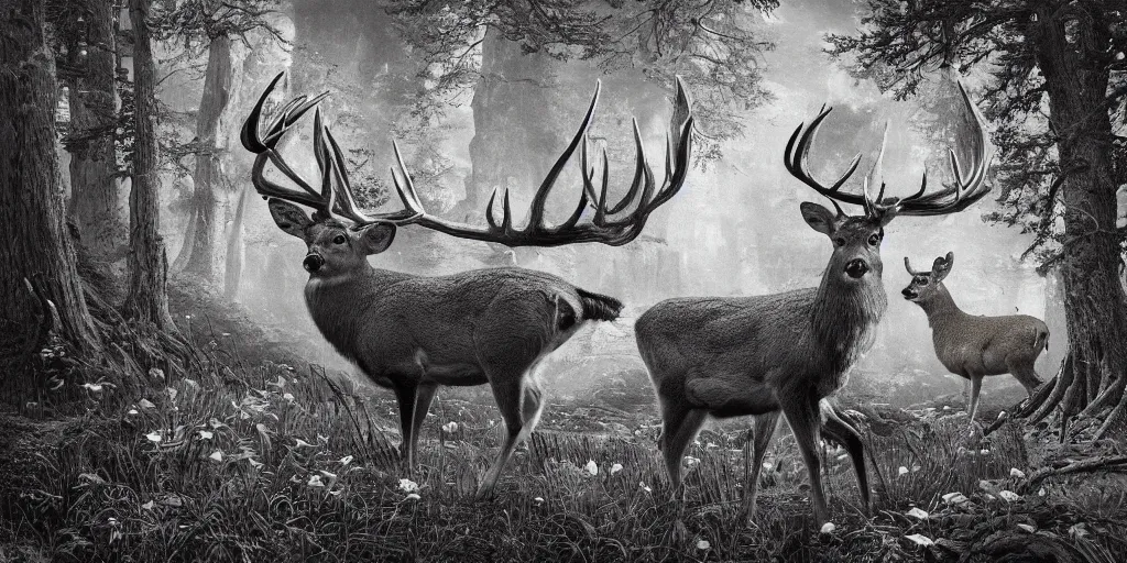 Prompt: portrait of deer getting overgrown by roots, edelweiss growing on his head, forest, dolomites, alpine, detailed intricate insanely detailed octane render, 8k artistic 1920s photography, photorealistic, black and white, chiaroscuro, hd, by David Cronenberg, Raphael, Caravaggio