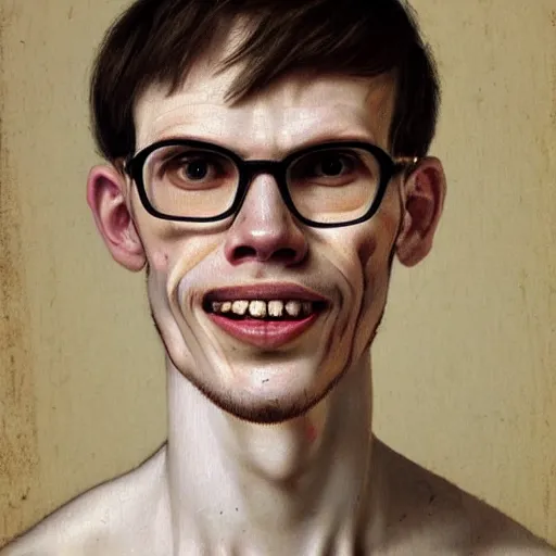 Image similar to A 17th century Baroque Painting of iDubbbz, grainy, realistic, hyperrealistic, very realistic, very very realistic, highly detailed, very detailed, extremely detailed, detailed, digital art, trending on artstation, detailed face, very detailed face, very detailed face, realism, HD Quality, 8k resolution, intricate details, body and head in frame, painting, oil painting, trending on deviantart, Baroque Painting