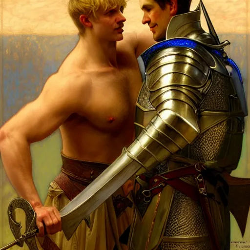 Image similar to attractive arthur pendragon and his attractive male knight, they are in love, natural lighting, path traced, highly detailed, high quality, digital painting, by gaston bussiere, craig mullins, alphonse mucha j. c. leyendecker