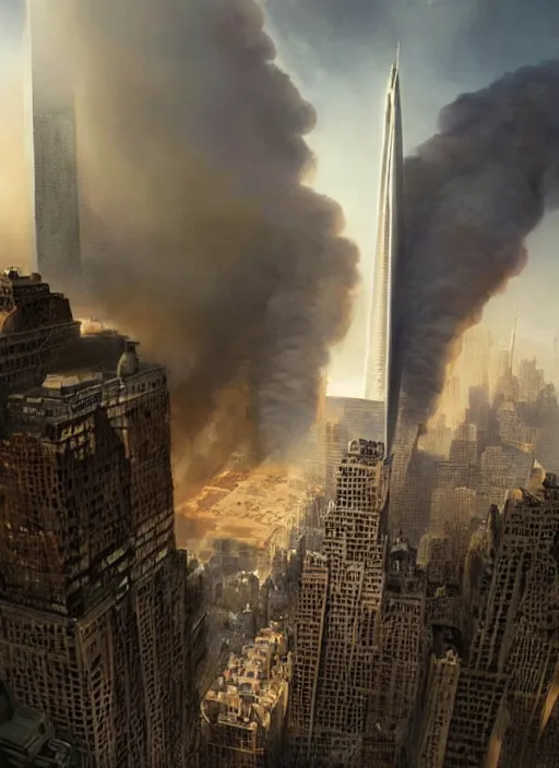 Prompt: hyper realistic 9 / 1 1 terrir attacks, atmospheric beautiful details, strong composition painted by kim jung giu weta studio rutkowski, james gurney and greg rutkowski, and lucasfilm