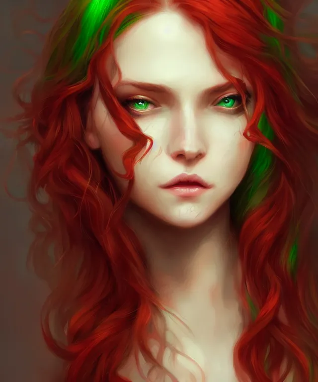 Prompt: Fae teenage girl, portrait, face, long red hair, green highlights, fantasy, intricate, elegant, highly detailed, digital painting, concept art, smooth, sharp focus, illustration