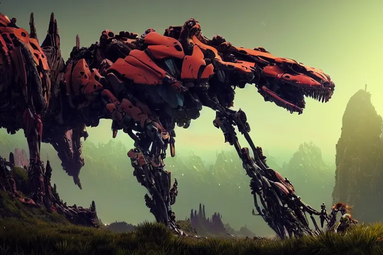 Image similar to wide epic shot. a hyper detailed spikesnout evangelion realistic mechanical and organic creature similar look as horizon forbidden west horizon zero dawn, bioluminiscence in a dark deep forest at dawn in spring, with reflection and textures, by kilian eng, substance painter reaslitic mech surface metal painted scratches, world env from horizon forbidden west horizon zero dawn