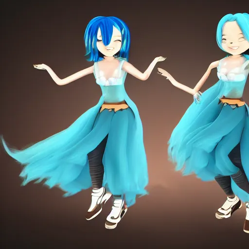 Image similar to a girl with short brown hair and a girl with long blue hair dancing together, trending on artstation