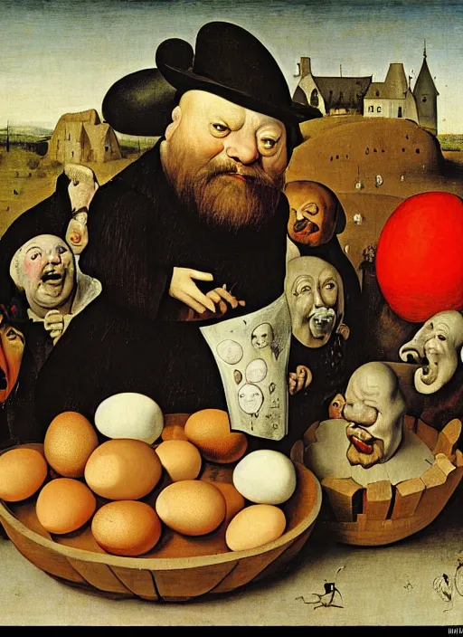 Image similar to carton of gregs'eggs with silly round humpty dumpty jack black facial expressions, realistic, by hieronymus bosch and pieter brueghel