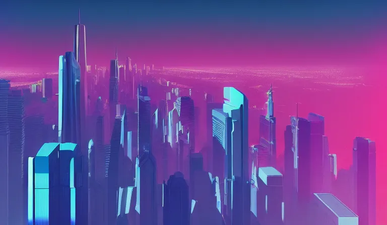 Image similar to a beautiful, sharp focus, and immaculate overcast futuristic cityscape. view from above. vaporwave ombre rendering. outrun style. trending on artstation. recommended for you behance. by chris moore. by edward hopper. beeple colors. ambient occlusion. digital matte painting. metropolis filmic. gotham city.