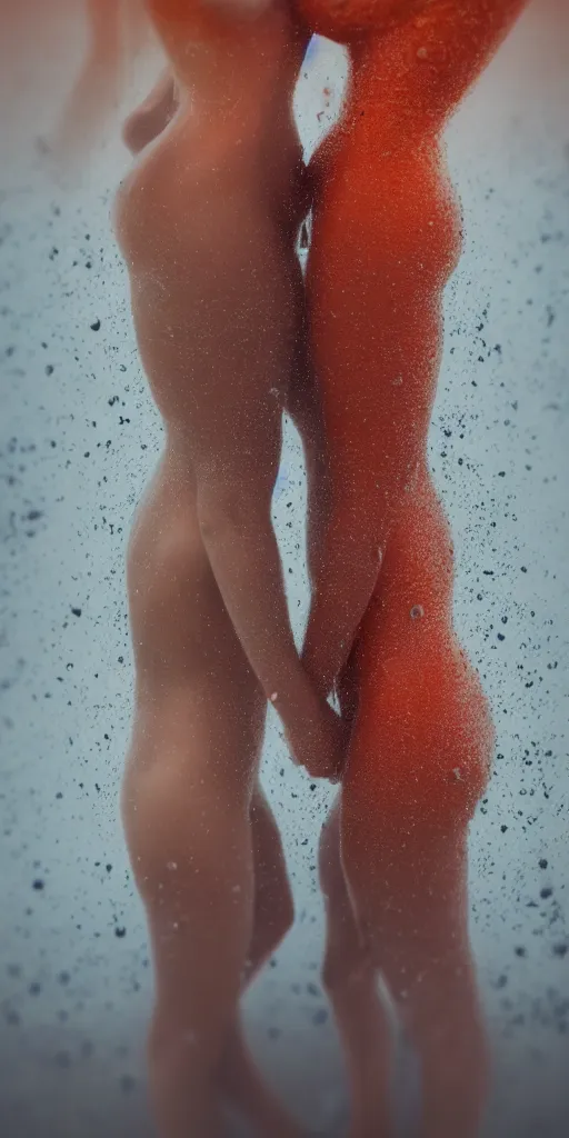 Image similar to a blurry closeup picture of gorgeous human bodies intertwined, female bodies, dripping wet, macro photography, long exposure photograph, surrealism, anamorphic bokeh, cozy, soft light, cyan and orange, caustic, atmospheric fog, octane render, cinematic