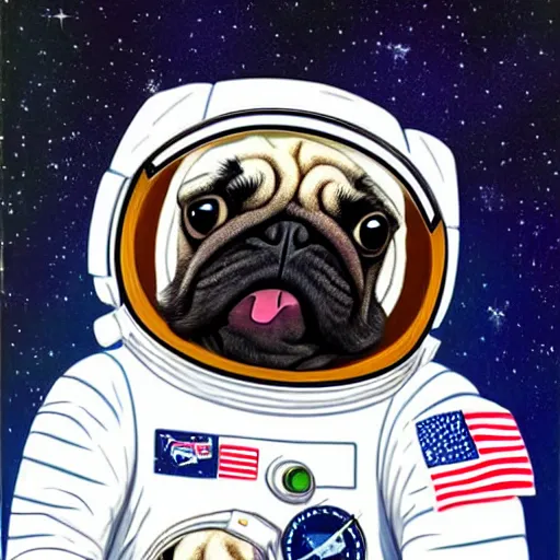 Image similar to hyper realistic, highly detailed, astronaut pug in space.