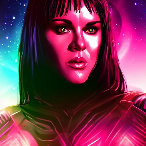 Prompt: portrait from xena the warrior princess, synthwave, universe background, nebula, galaxy, artstation